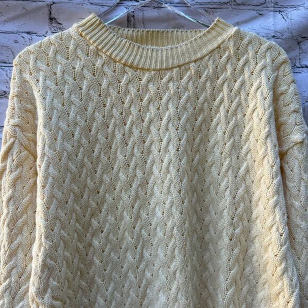 Talbots Vintage Sweater Cableknit Made USA Cream Chunky Fisherman Large Crew - Picture 3 of 7